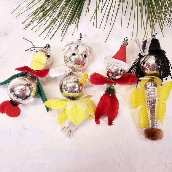 4 Vintage Pipe Cleaner & Glass? Figures People Christmas Ornaments Decorations - Picture 1 of 15